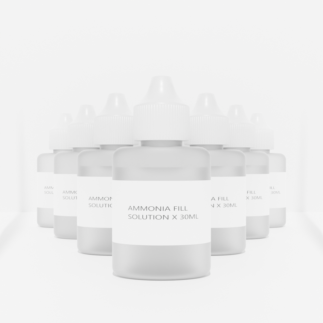 Image showing ten 30ml bottles of ammonia filling solution.