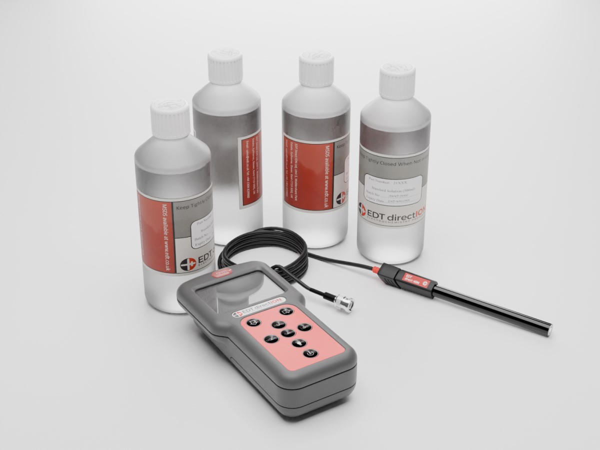 Image showing an Ion Meter and a Combination Ion Selective Electrode with some solutions.