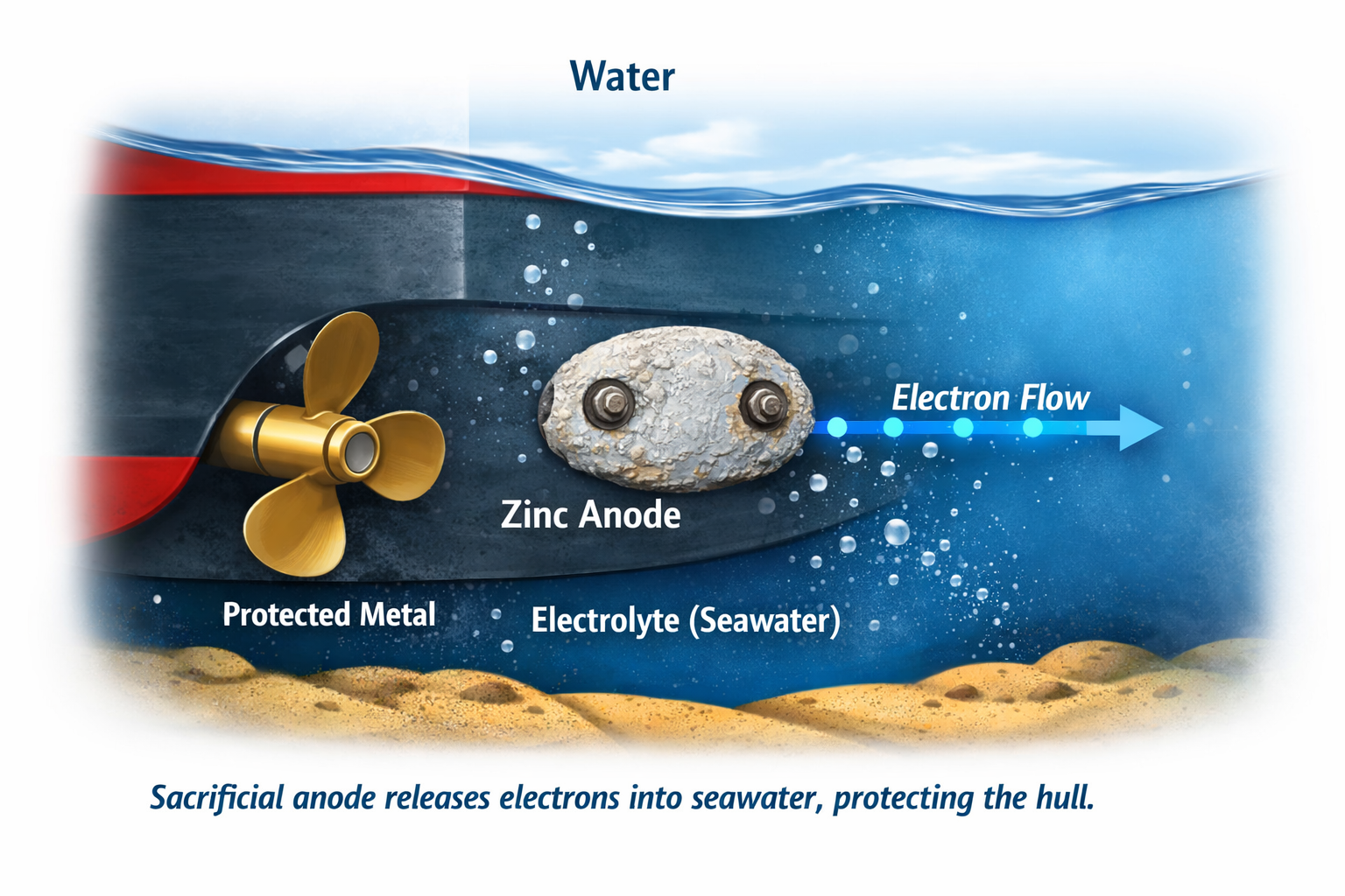 A diagram showing how sacrificial anodes protect the hull.